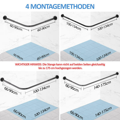 Tuqaki Duschvorhangstange L-Form, Edelstahl, verstellbar, schwarz