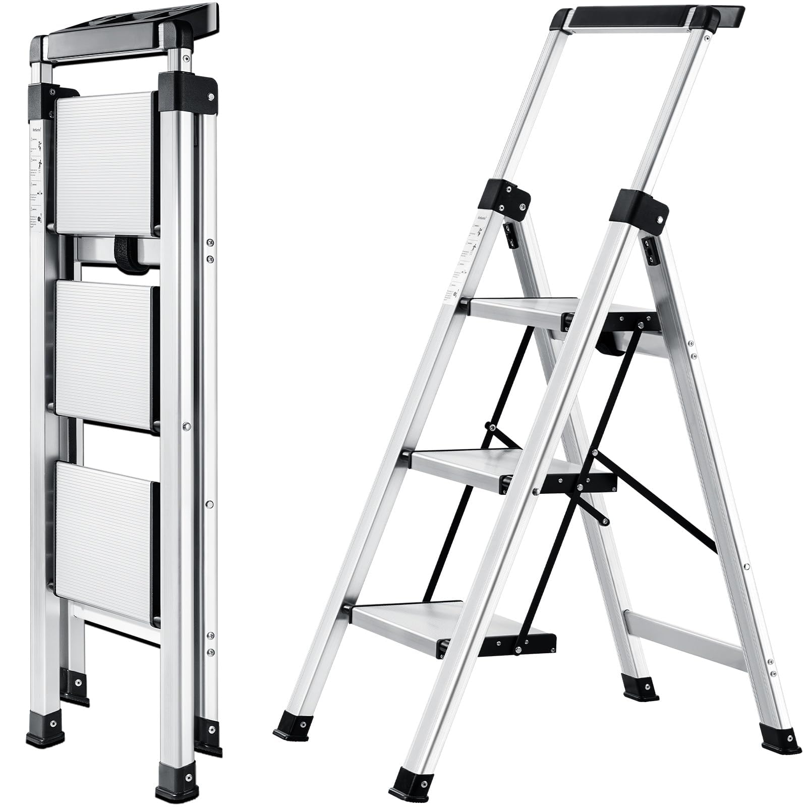 XinSunho Stufenleiter Klapptritt – 3 Stufen Aluminium mit Handlauf. Silberne, 3-stufige Klappleiter für sicheren Aufstieg im Haushalt.