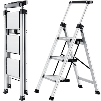 XinSunho Stufenleiter Klapptritt – 3 Stufen Aluminium mit Handlauf. Silberne, 3-stufige Klappleiter für sicheren Aufstieg im Haushalt.