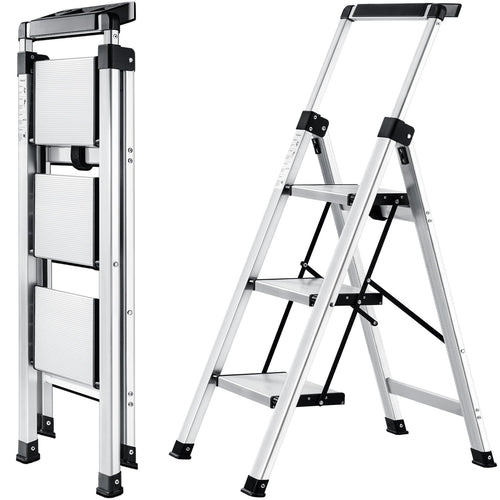 XinSunho Stufenleiter Klapptritt – 3 Stufen Aluminium mit Handlauf. Silberne, 3-stufige Klappleiter für sicheren Aufstieg im Haushalt.