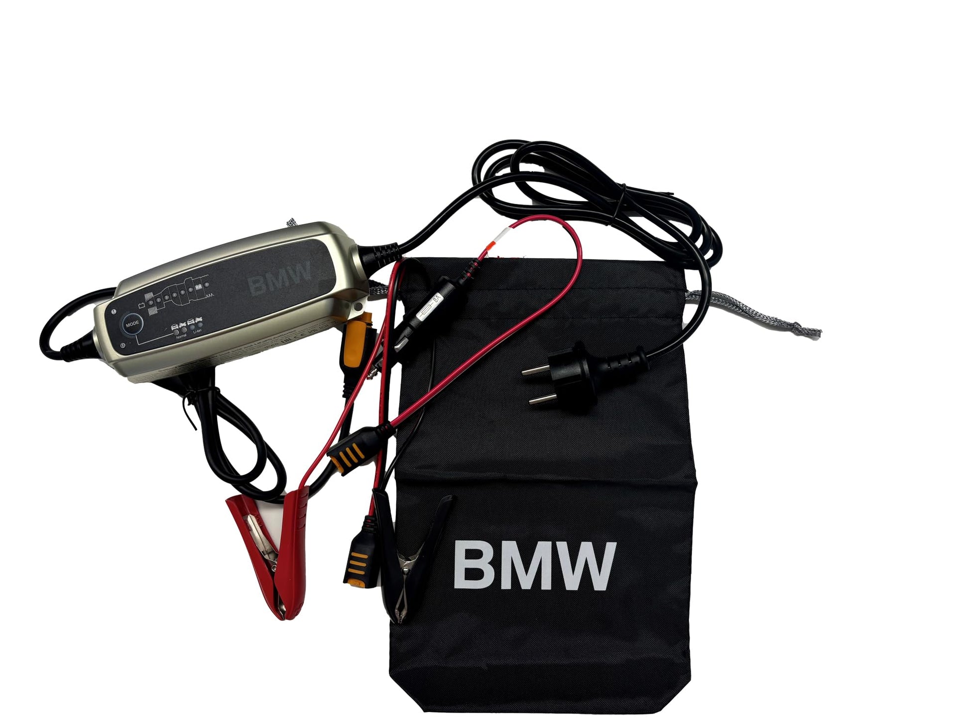 BMW Motorrad Original Batterieladegerät Plus - Teilenummer 77022470950. Kompaktes, schwarzes Gehäuse. Lädt und pflegt Motorradbatterien.