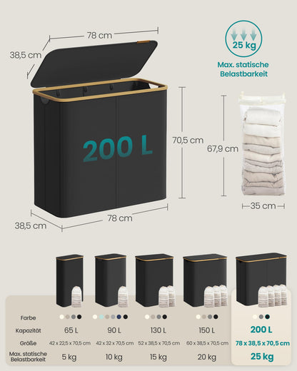 SONGMICS Wäschekorb mit Deckel, 4 Fächer, 200 L, tintenschwarz