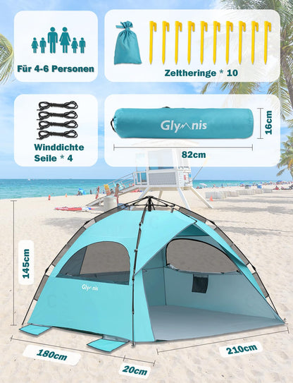 Glymnis Quick Up Strandzelt mit UV-Schutz 50+, blau, für 4-6 Personen
