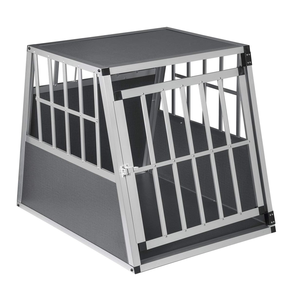 EUGAD Alu Hundetransportbox – 65x85x71cm Mittel: Trapezförmige Box aus Aluminium mit Gittertür. Sichert Hunde beim Autofahren.
