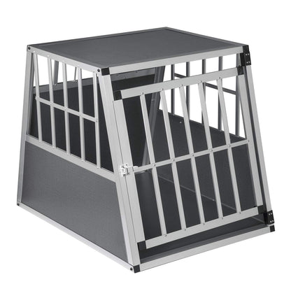 EUGAD Alu Hundetransportbox – 65x85x71cm Mittel: Trapezförmige Box aus Aluminium mit Gittertür. Sichert Hunde beim Autofahren.