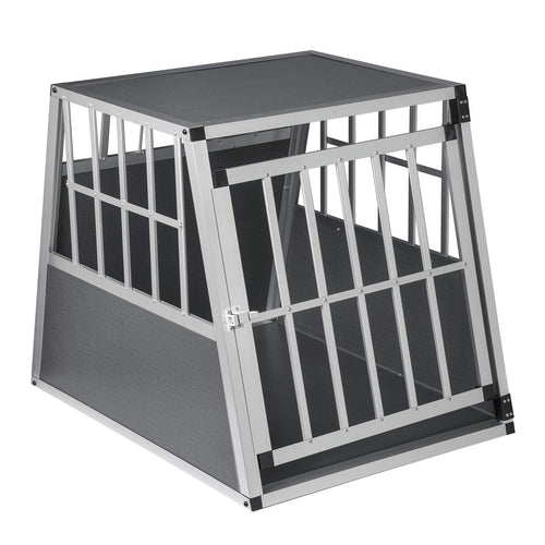 EUGAD Alu Hundetransportbox – 65x85x71cm Mittel: Trapezförmige Box aus Aluminium mit Gittertür. Sichert Hunde beim Autofahren.