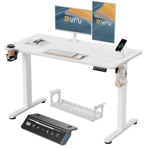 VFU Höhenverstellbarer Schreibtisch Elektrisch 120x60 cm USB-C Weiss Pro. Weißer, rechteckiger Tisch für ergonomisches Arbeiten.