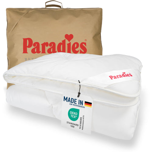 PARADIES Prima Bio Ganzjahresdecke Öko-Tex - 155x220 cm. Weiße, rechteckige Steppdecke mit Bio-Füllung für ganzjährigen Schlaf.
