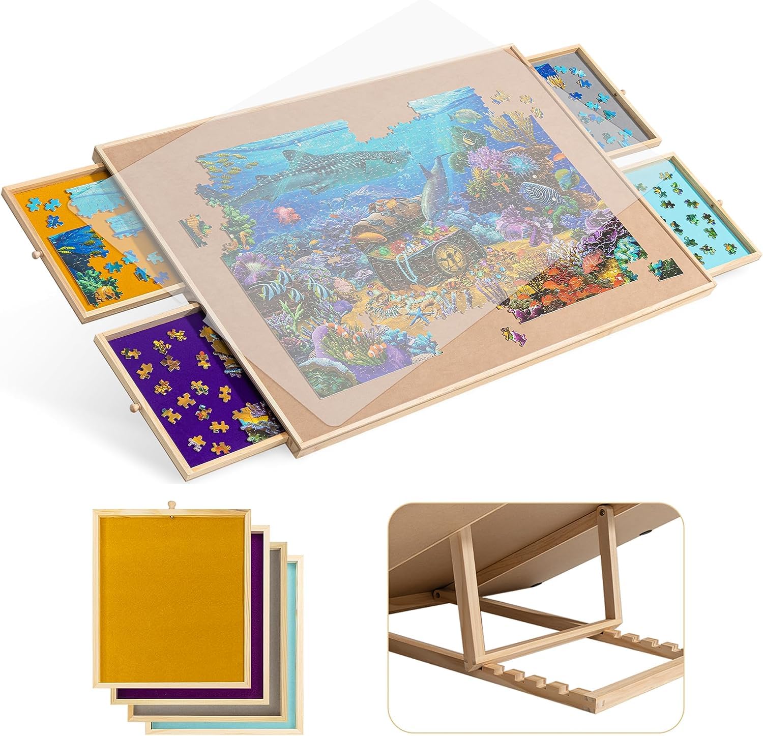 Becko Puzzletisch verstellbar mit 4 Schubladen bis 1500 Teile. Rechteckiger Holztisch mit Schubladen zur Teil-Sortierung.