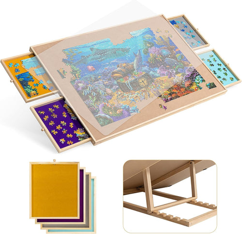 Becko Puzzletisch verstellbar mit 4 Schubladen bis 1500 Teile. Rechteckiger Holztisch mit Schubladen zur Teil-Sortierung.