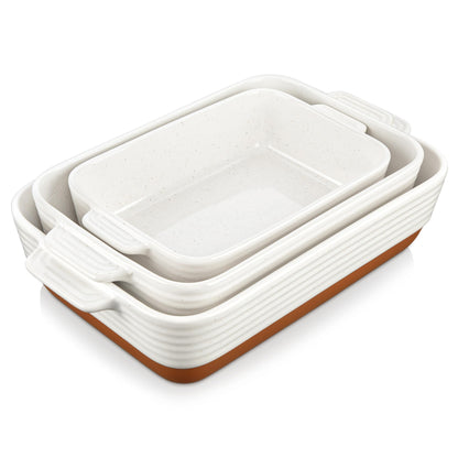 MALACASA Serie TARA Auflaufform Set 3-teilig, Steingut, kratzfest, rechteckig, khakifarben mit Sesam-Sprenkel-Muster