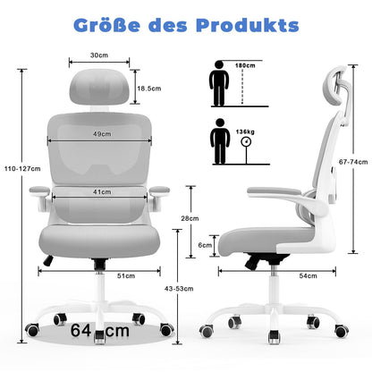naspaluro Ergonomischer Bürostuhl mit Kopfstütze & Netzbezug, Grau