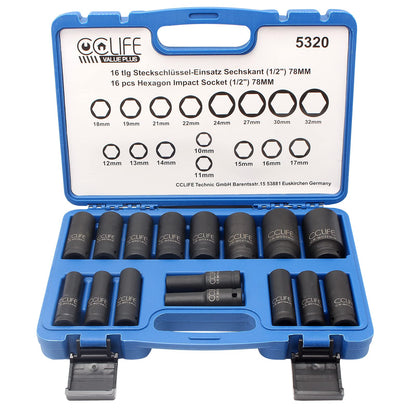 CCLIFE Schlagschrauber Nüsse Set 16-teilig, 1/2" Sechskant, 10-32 mm – tiefe Kraftnüsse im Kunststoffkoffer