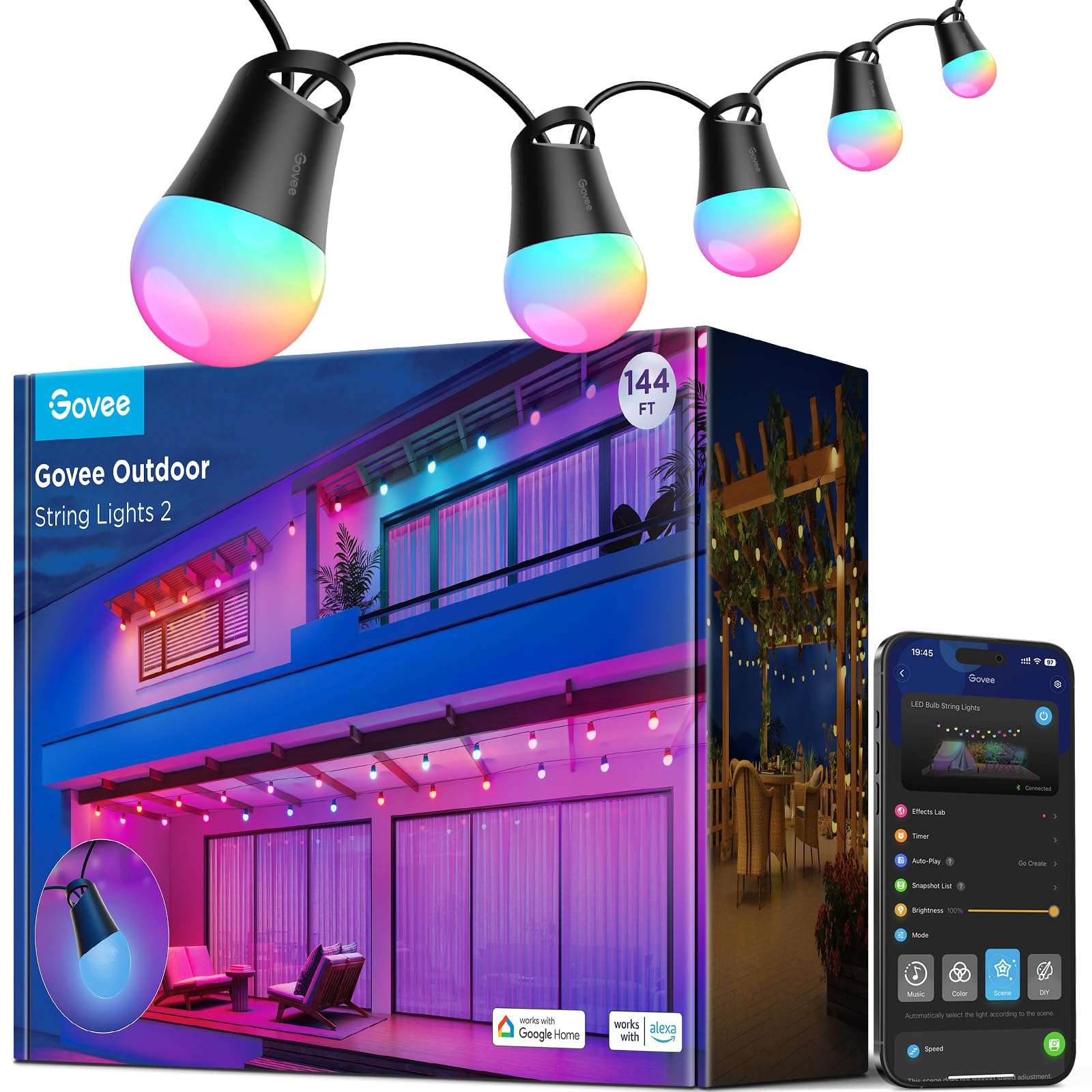 Govee Aussen 2 LED Lichterkette - 45M RGBICW Dimmbar: Lange, mehrfarbige LED-Lichterkette zur flexiblen Aussenbeleuchtung.