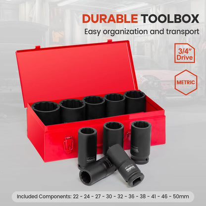 Meiwaltee Schlagschrauber Nüsse Set 3/4 Zoll, 10-teilig, 22-50 mm
