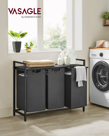 VASAGLE BLH301G01 Wäschekorb 3 Fächer mit Ablage - Grau 3x40L