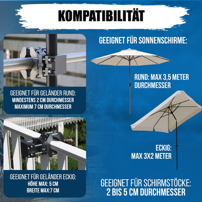 KD-TECH Sonnenschirmständer V1 für Balkon und Geländer ohne Bohren