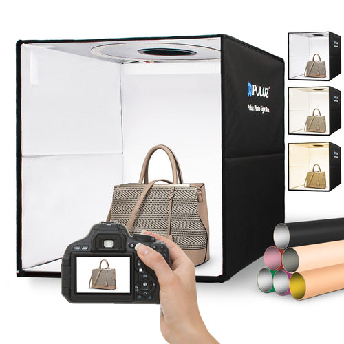PULUZ Fotobox 40x40cm - Faltbares Dimmbares LED Lichtzelt. Weiße, quadratische Fotobox mit integrierten dimmbaren LEDs für schattenfreie Produktfotos.