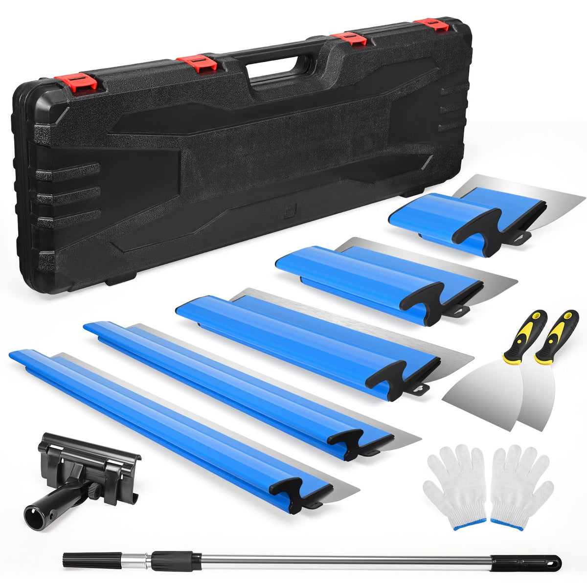 HIUYRFS Flächenspachtel-Set Edelstahl 15–80 cm mit Verlängerungsgriff, blaue Klingen und Transportkoffer