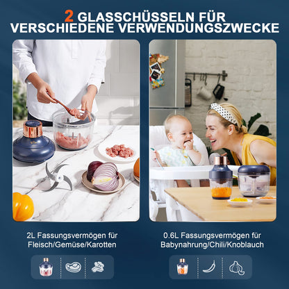 Bear Mini Zerkleinerer elektrisch 0,6 L + 2 L, Glasbehälter, 2 Stufen