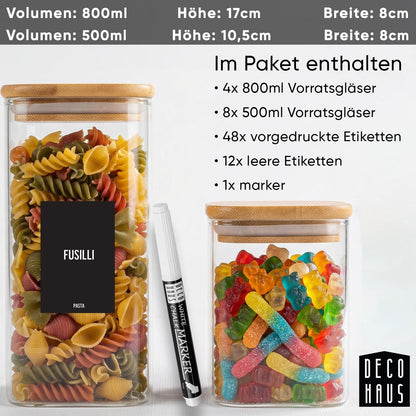 Deco haus Vorratsgläser eckig, 12er Set mit luftdichtem Bambusdeckel