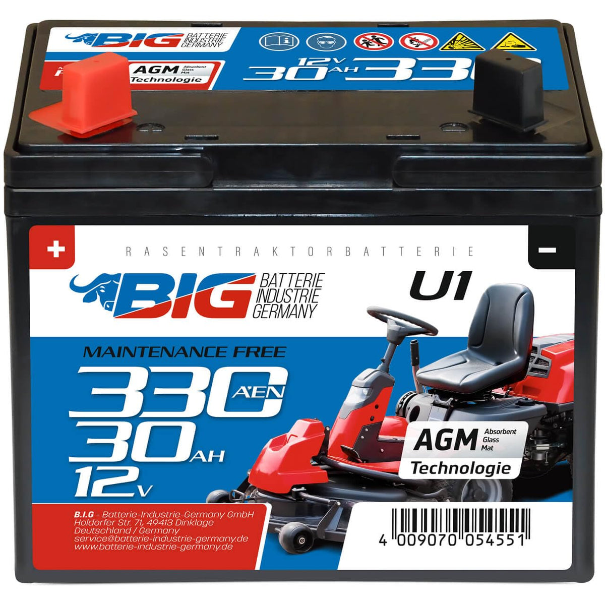 BIG U1 Garden Power Rasentraktor Batterie - 12V 30Ah. Schwarzer Blei-Säure-Akku. Versorgt Rasentraktoren mit Startenergie.
