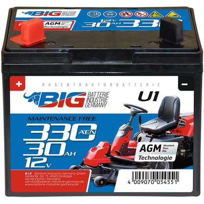 BIG U1 Garden Power Rasentraktor Batterie - 12V 30Ah. Schwarzer Blei-Säure-Akku. Versorgt Rasentraktoren mit Startenergie.