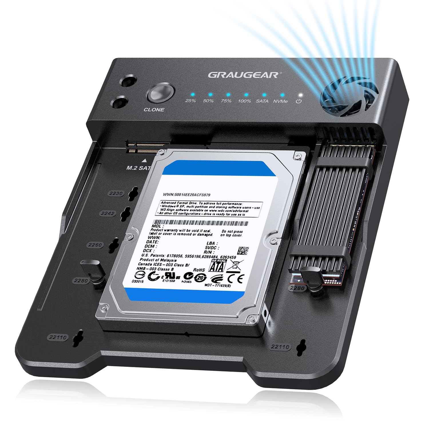 GRAUGEAR Bidirektionale Clone Station für M.2 & 2.5"/3.5" SSDs/HDDs, schwarze Box. Klonen ohne PC.