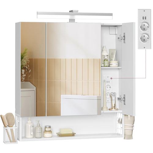 VASAGLE BBK126W01 Spiegelschrank mit LED – wolkenweiss. Rechteckiger, wolkenweisser Spiegelschrank mit integrierter LED-Beleuchtung zur Badezimmer-Aufbewahrung.