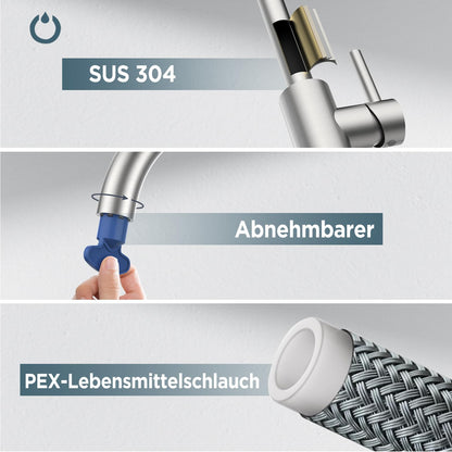 FORIOUS Küchenarmatur L-Form, 360° schwenkbar, Edelstahl
