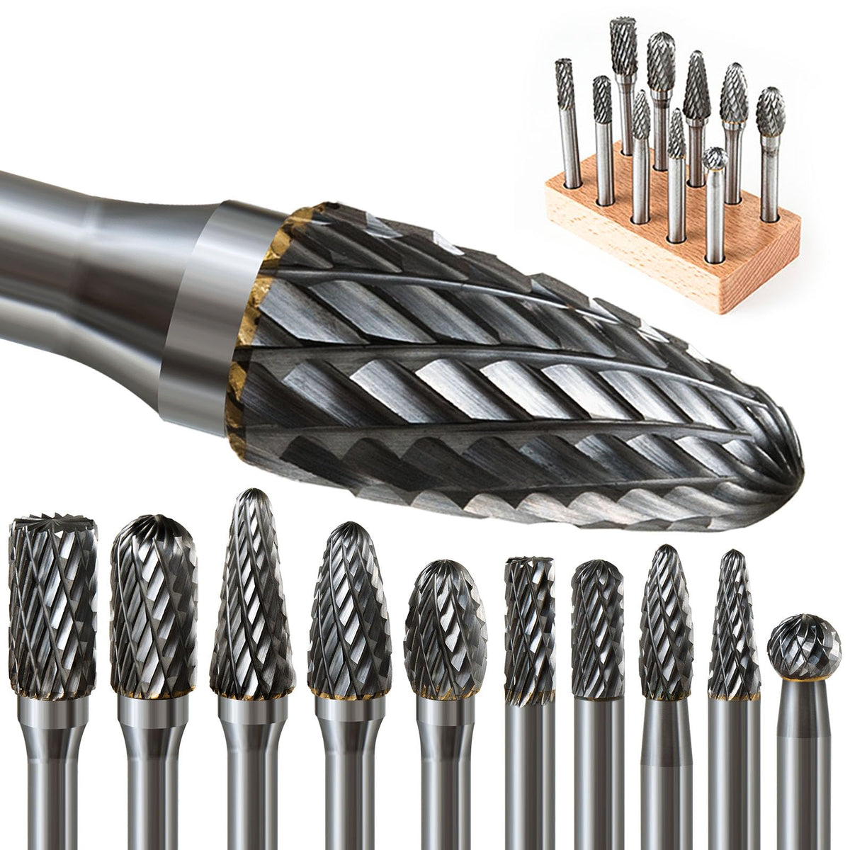 FOTYBEI Hartmetall Frässtifte Set 10-teilig, Doppelschnitt 6 mm Schaft aus Wolframkarbid in Box mit Holzsockel