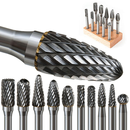 FOTYBEI Hartmetall Frässtifte Set 10-teilig, Doppelschnitt 6 mm Schaft aus Wolframkarbid in Box mit Holzsockel
