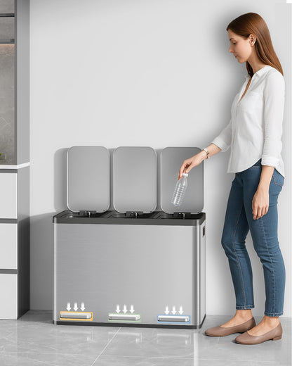Hzuaneri Mülleimer Küche 3 x 15 L, Edelstahl Tretmülleimer Silber