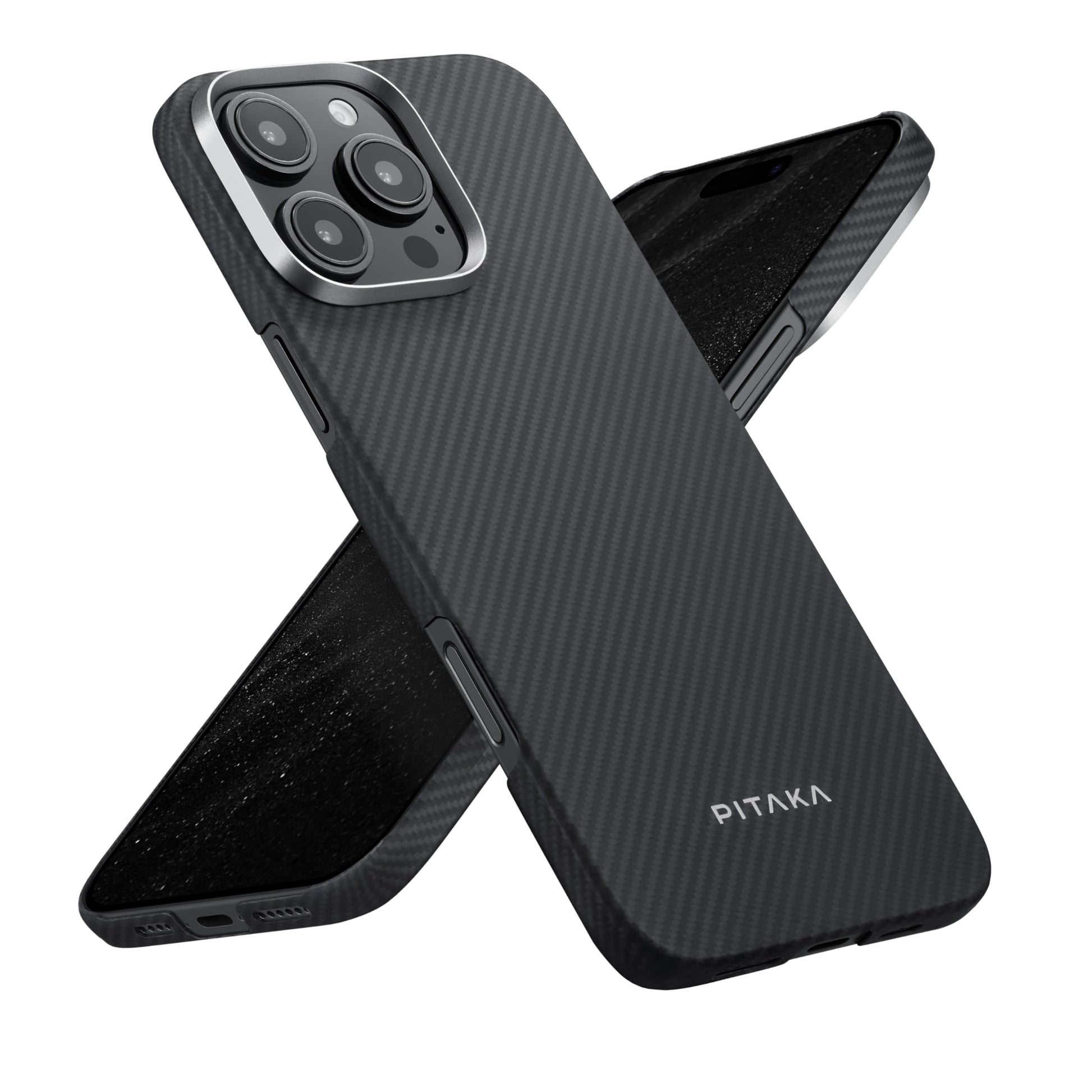 pitaka Ultradünne Aramidfaser Handyhülle iPhone 16 Pro - Schwarz/Grau. Schlanke schwarz-graue Hülle schützt das iPhone 16 Pro.