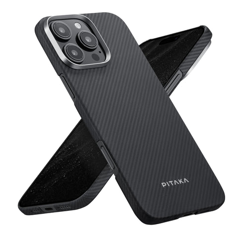 pitaka Ultradünne Aramidfaser Handyhülle iPhone 16 Pro - Schwarz/Grau. Schlanke schwarz-graue Hülle schützt das iPhone 16 Pro.