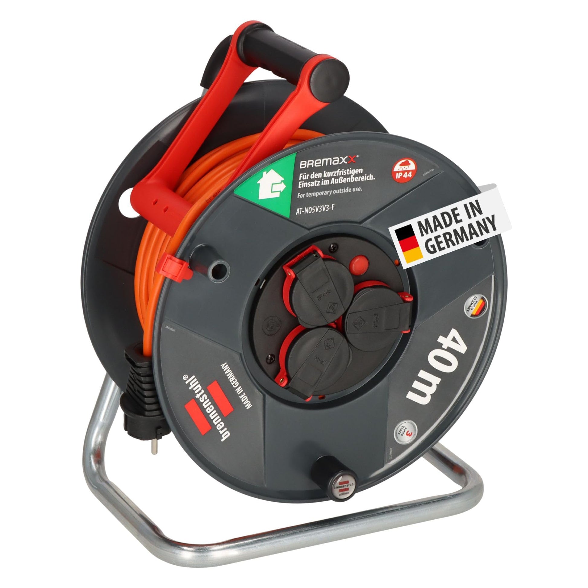 Brennenstuhl Garant V2 IP44 Kabeltrommel Outdoor 40m 3 Steckdosen. Schwarze Trommel für Stromversorgung im Außenbereich.