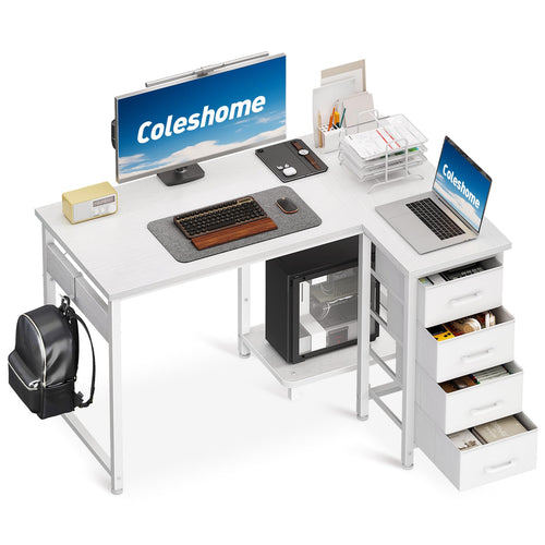 Coleshome Eckschreibtisch L-Form 100x70cm – 4 Schubladen Weiss. Weisser L-förmiger Schreibtisch mit vier Schubladen für Büro und Gaming.