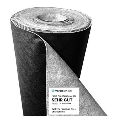 DeRiTex Unkrautschutzvlies Premium Plus 180 g/m², 25 m x 1 m, schwarz-graues Gartenvlies für Beete und Wege
