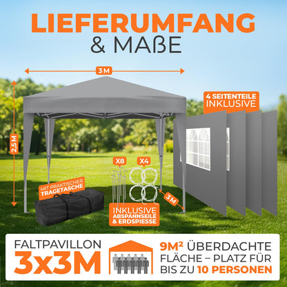 Kronenburg Faltpavillon 3 x 3 m, wasserdicht, UV-Schutz 50+, Grau