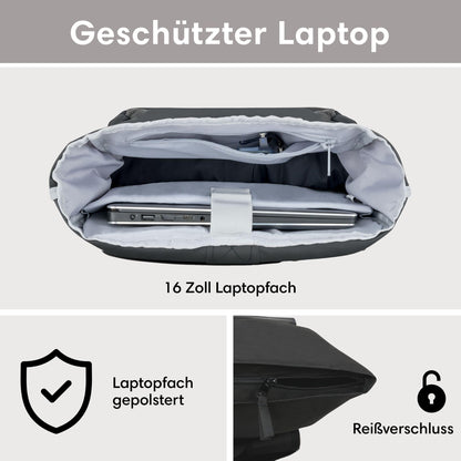LARKSON No 4 Rolltop Rucksack schwarz mit Laptopfach bis 16 Zoll