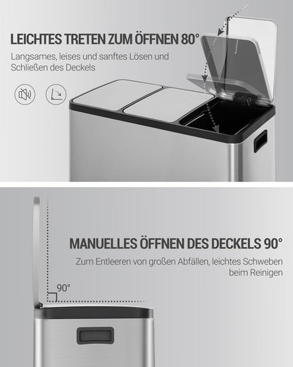 Hzuaneri Mülleimer Küche 3 x 15 L, Edelstahl Tretmülleimer Silber