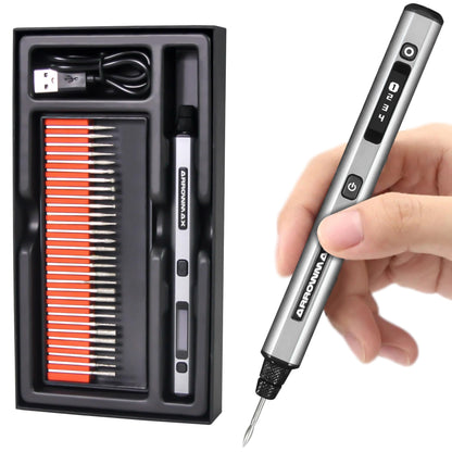ARROWMAX Mini Gravierstift, kabellos, mit 30 Bits und USB-C – Gravierwerkzeug in Stiftform für Metall, Holz und Glas