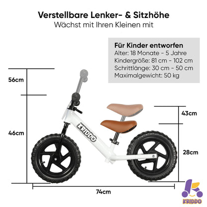 KRIDDO Kinder Laufrad 12 Zoll, Lauflernrad ab 18 Monaten, Weiss