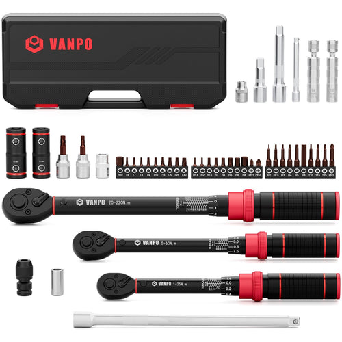 VANPO Drehmomentschlüssel-Set 47-teilig 1/4 3/8 1/2 Zoll 1-220 Nm aus Chrom-Vanadium-Stahl mit Zubehör im Kunststoffkoffer