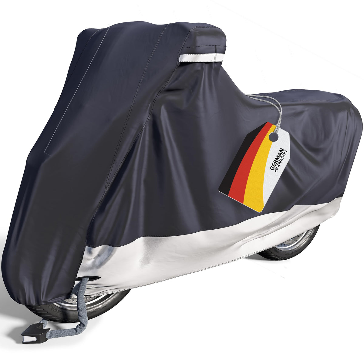 VELMIA Motorrad Abdeckplane – 300° Hitzeschutz, Winterfest. Eine graue Schutzplane für Motorräder, hitzebeständig und winterfest.