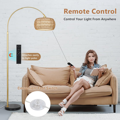 Rayofly Gold Bogenlampe Stehleuchte – Rattan, Dimmbar, App