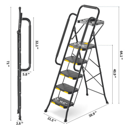 KINGRACK Leiter 5 Stufen Trittleiter klappbar - Handläufe, Plattform