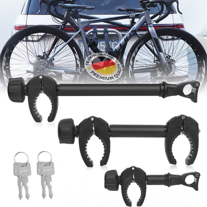 FINEW Rahmenhalter Universal für Fahrradträger – 3er-Set abschliessbar. Schwarze Klemmhalter zur sicheren Rahmenfixierung am Träger.