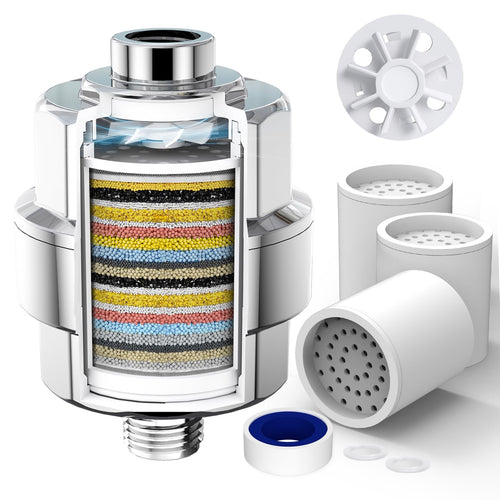 SR SUN RISE Duschfilter 20-Stufen mit 3 Filterpatronen, Chrom – verchromtes Gehäuse für Duschkopf und Handbrause