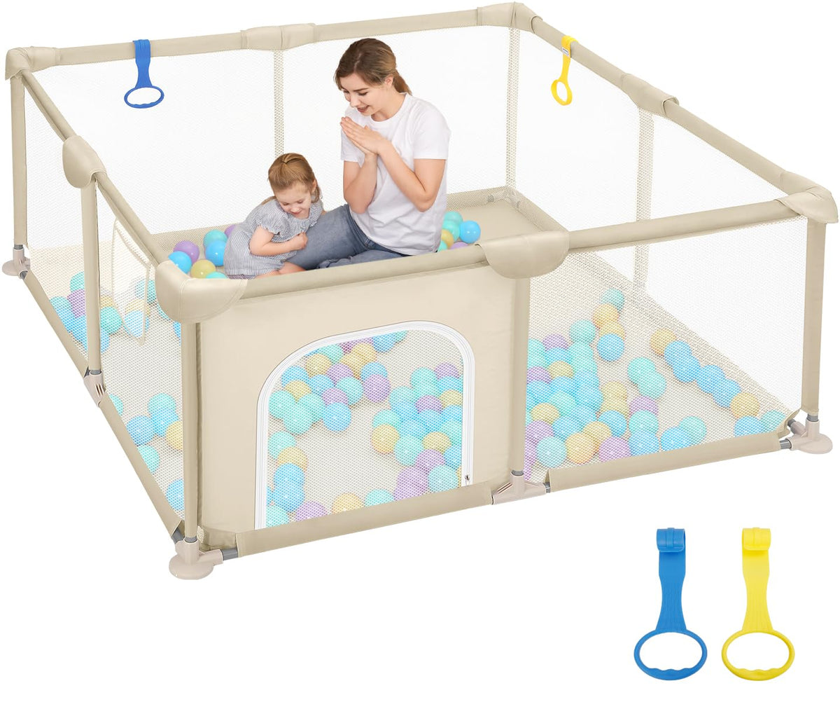 Dripex Laufstall Baby faltbar mit Netz, 124 x 124 cm, Kaffeebraun, gepolsterter Rand und Pull-up-Ringe